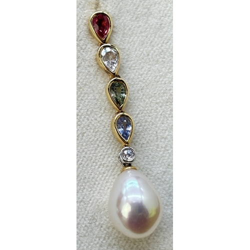 7 - A pair of 18ct gold mulitcoloured sapphire, diamond and cultured pearl drop earrings. Each earring c... 