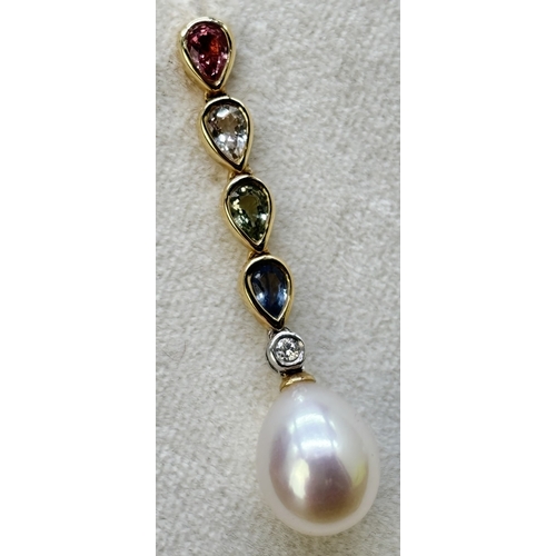 7 - A pair of 18ct gold mulitcoloured sapphire, diamond and cultured pearl drop earrings. Each earring c... 