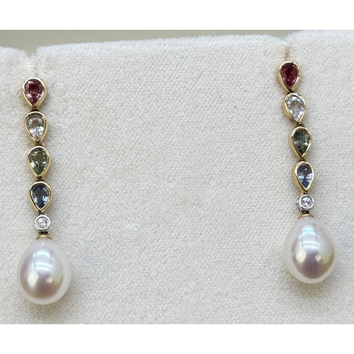 7 - A pair of 18ct gold mulitcoloured sapphire, diamond and cultured pearl drop earrings. Each earring c... 