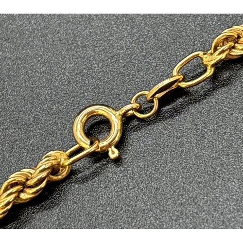 19 - A 17.5 inch 9ct gold rope chain necklace with spring ring clasp. Gold marks to fixings and clasp. To... 