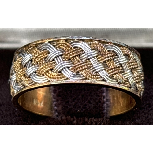 21 - A vintage 18ct yellow and white gold 6mm wide Celtic weave band ring, in original Dysons of Windsor ... 