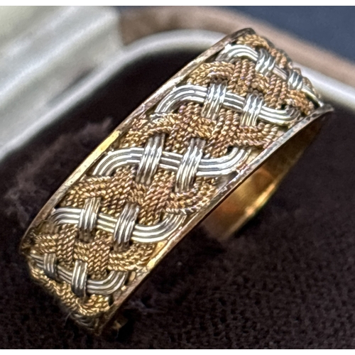 21 - A vintage 18ct yellow and white gold 6mm wide Celtic weave band ring, in original Dysons of Windsor ... 