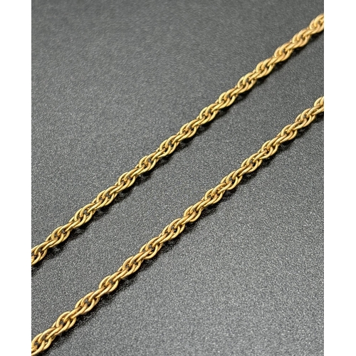 29 - A 9ct gold 24 inch rope chain necklace with spring ring clasp. Worn gold marks to clasp. Weight appr... 