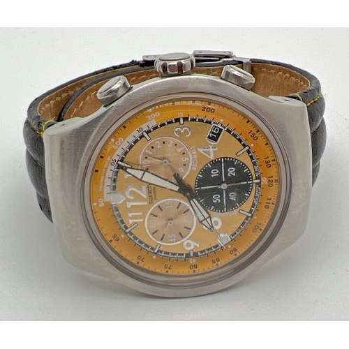 1179 - A men's Swatch Watch Irony AG 2005 chronograph wristwatch with black leather strap. Stainless steel ... 