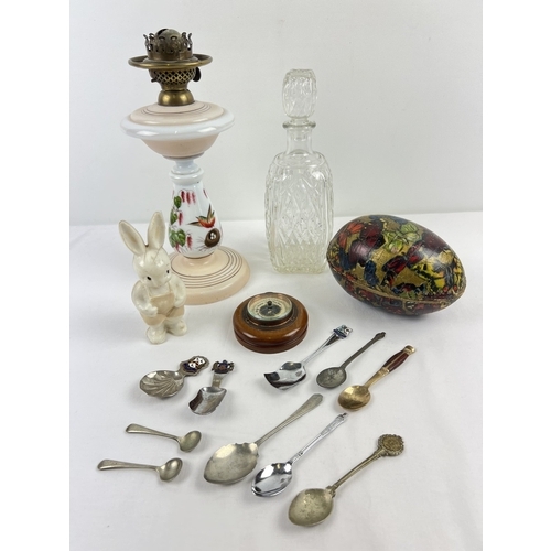 1374 - A collection of assorted vintage misc items to include a white glass oil lamp with hand painted bird... 