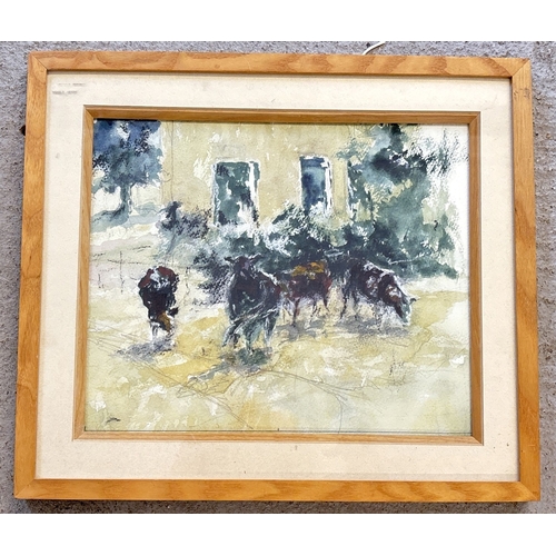 1031 - Pencil & watercolour sketch depicting cows, unsigned. Framed & glazed. Frame size approx. 34 x 39cm.