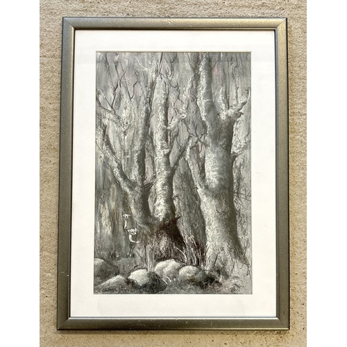 1035 - Pastel drawing of figures in woodland, unsigned. Framed & glazed. Frame size approx. 52.5 x 38.5cm.