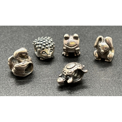 1095 - 5 Pandora silver animal and bird charms. Comprising: rabbit, frog, swan, turtle and a hedgehog. Silv... 