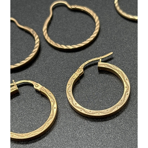 1102 - 3 pairs of gold hoop style earrings. 2 pairs with diamond cut pattern to one side, unmarked but test... 