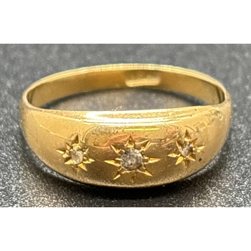 1120 - A vintage 18ct gold dome top diamond set gypsy style ring. 3 small round cut diamonds set to top of ... 