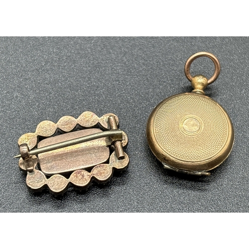 1125 - 2 small Victorian jewellery items. A small rose gold backed mourning brooch with plaited hair behind... 