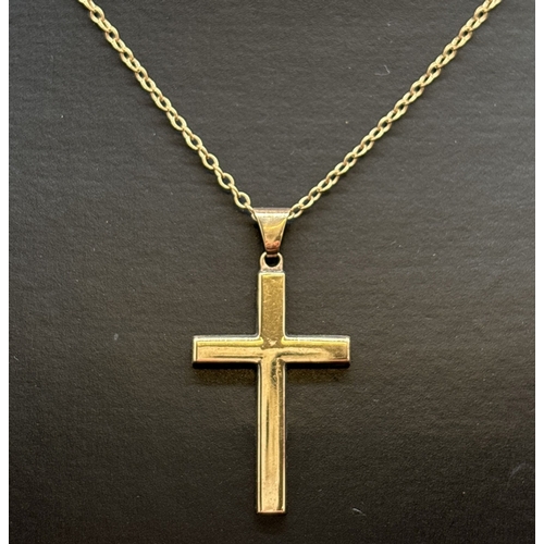 1130 - A 9ct gold plain cross pendant on a 16 inch belcher chain with spring ring clasp. Gold marks to pend... 