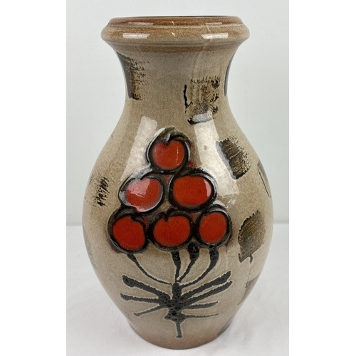 A large vintage Scheurich-Keramik Fat Lava West German vase, model 223-39,of bulbous form with stepped lip. In beige coloured glaze with abstract design of dark brown and red. Approx. 38cm tall.