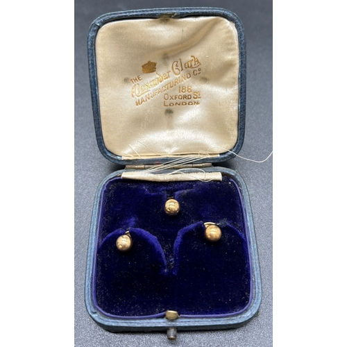 1149 - 3 antique 18ct gold collar studs in a period velvet & silk lined Alexander Clark, Oxford St London, ... 