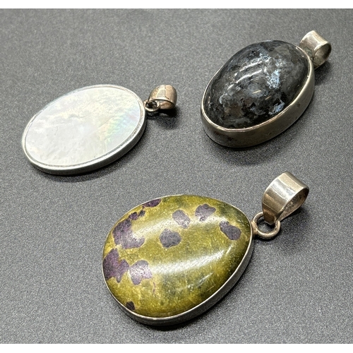 1156 - 3 silver natural stone set pendants - black labradorite, green jasper and white mother of pearl. Sil... 