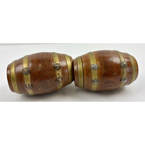 1395 - 2 vintage wooden string barrels modelled as brass bound kegs, with gilt painted detail and metal loo... 