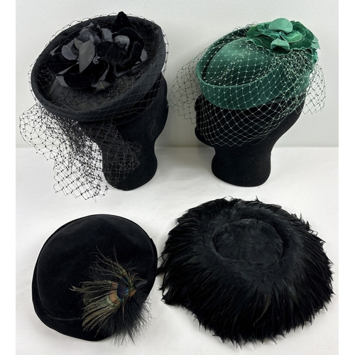 1408 - 4 ladies vintage occasion hats and fascinators to include French black feather hat and veiled exampl... 