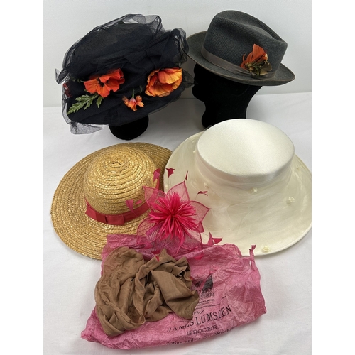 1409 - 4 vintage hats together with a pink feather occasion hair comb and a pair of nylon tights. Hats to i... 