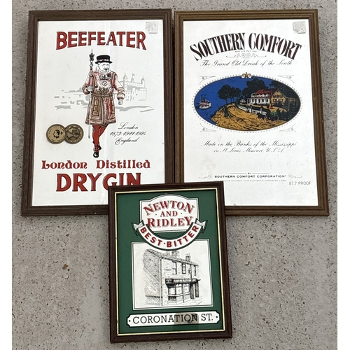 1355 - 3 small vintage wooden framed alcohol advertising mirrors. Beefeater Gin, Southern Comfort and Newto... 