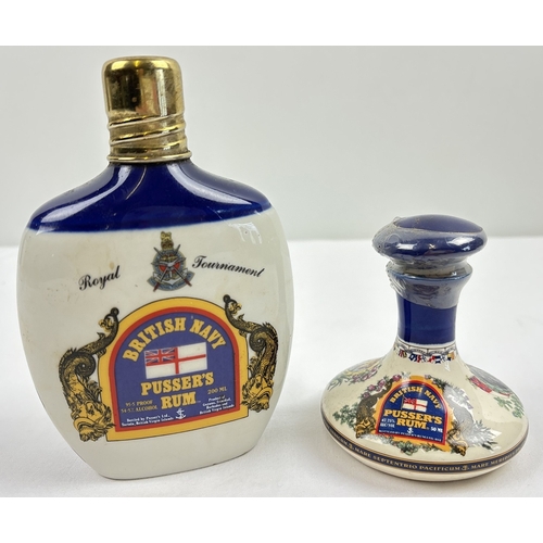 1363 - 2 sealed & unopened British Navy Pusser's Rum ceramic decanters. A Royal Tournament 200ml hip flask ... 