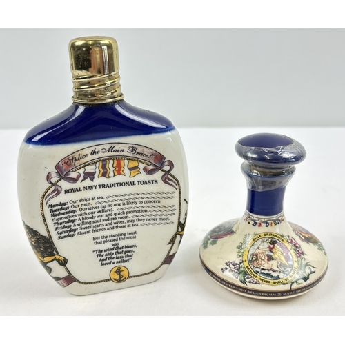 1363 - 2 sealed & unopened British Navy Pusser's Rum ceramic decanters. A Royal Tournament 200ml hip flask ... 