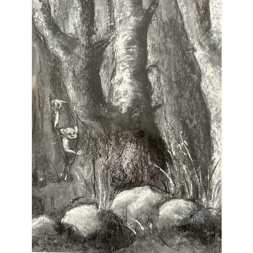 1035 - Pastel drawing of figures in woodland, unsigned. Framed & glazed. Frame size approx. 52.5 x 38.5cm.