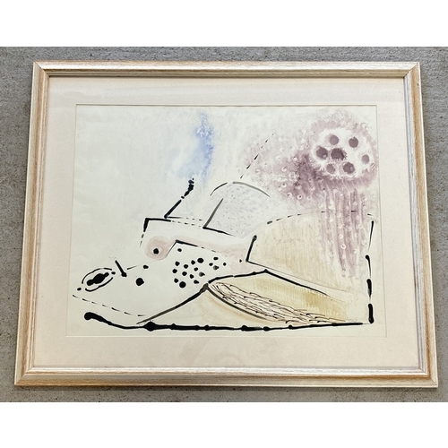 1036 - Large abstract watercolour, indistinct signature to lower right. Framed & glazed. Frame size approx.... 