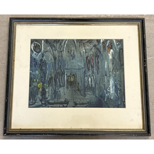 1015 - Watercolour of a cathedral scene, unsigned. Frame & glazed. Frame size approx. 47.5 x 55.5cm.