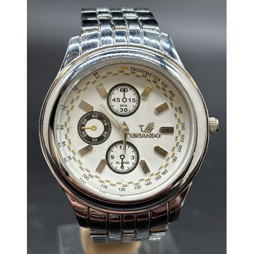 1195 - A Men's Y:375 Chronograph style wristwatch by Orlando. Silver tone bracelet strap, case, hands and h... 