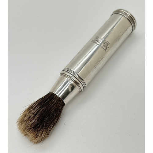 1222 - A William IV silver travelling shaving brush with engraved crested detail of a lion & a dragon. Top ... 