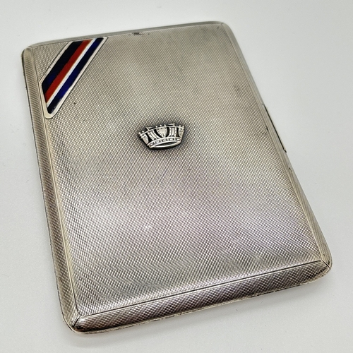 1228 - A vintage Goldsmiths & Silversmiths Co Ltd silver cigarette case with striped guilloche panel and em... 