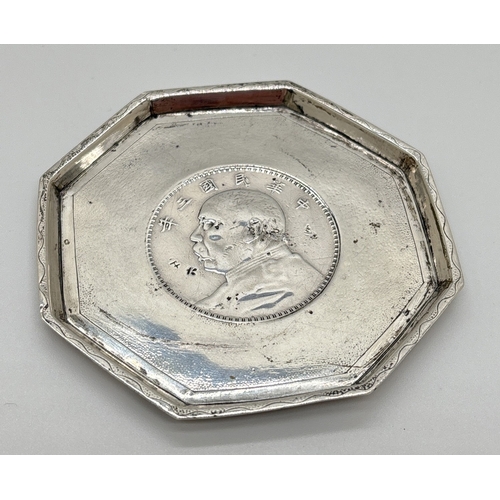 1230 - A Chinese silver octagonal shaped pin tray set with a Yuan Shih-kai or 