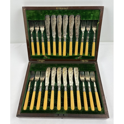 1234 - An Edwardian set of 12 silver collared fish knives & forks from Harrison Brothers & Howson of Sheffi... 