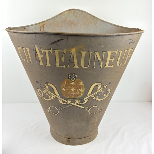 1240 - A large painted metal Chateauneauf Du-Pape grape hod with leather back straps for carrying. Approx. ... 