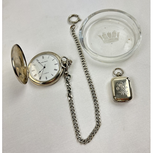 1241 - 3 small vintage collectables. A silver plated cased monogram ink stamp fob, a glass dish with engrav... 