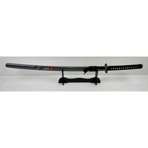 1265 - A handmade Rising Sun Lone Warrior Katana Samurai sword. 72cm curved blade with wire brush hamon. Gr... 