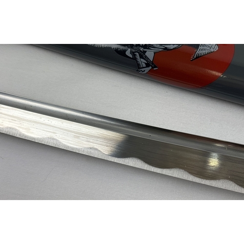 1265 - A handmade Rising Sun Lone Warrior Katana Samurai sword. 72cm curved blade with wire brush hamon. Gr... 