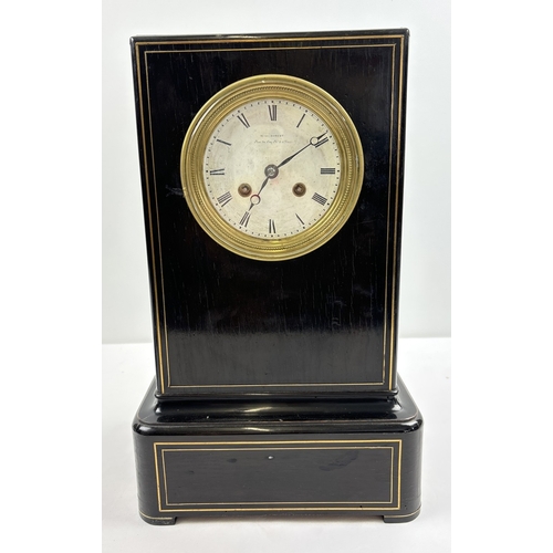 1269 - An dark wooden cased Victorian striking mantle clock with brass inlay detail, by Robert Henry Rue De... 