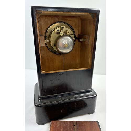 1269 - An dark wooden cased Victorian striking mantle clock with brass inlay detail, by Robert Henry Rue De... 