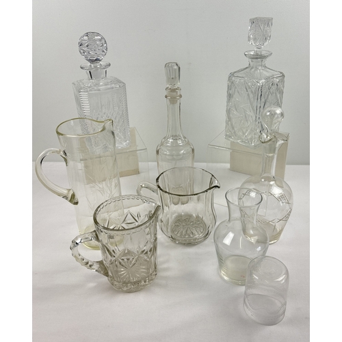 1294 - A box of assorted vintage & antique glass to include decanters, jugs and carafe. Lot includes 2 heav... 