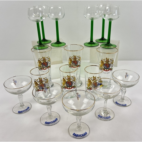 1295 - A collection of assorted mid century glasses, to include Babycham and royal commemorative. Lot compr... 