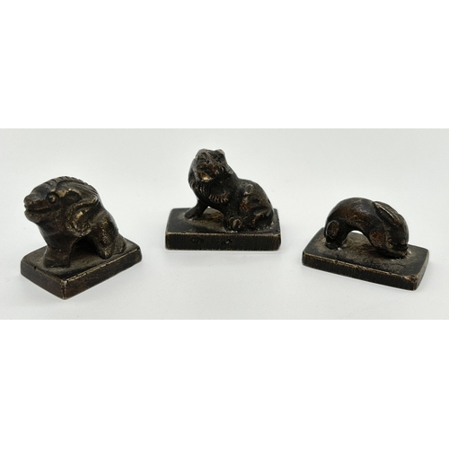 1296 - 3 early 20th century Chinese bronze miniature seals with handles modelled as mythical creatures. Lar... 