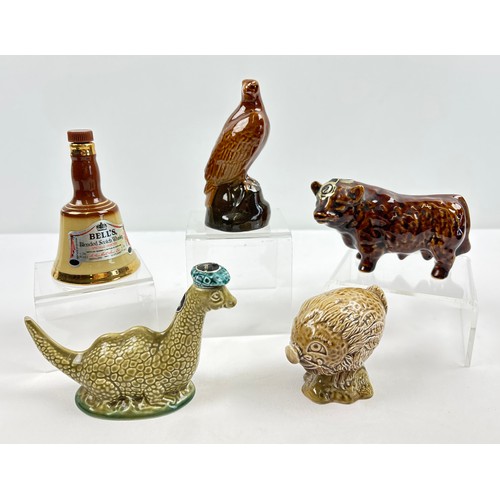 1313 - 5 ceramic novelty Scotch whisky decanters. Comprising: Rutherford & Co, Montrose, brown bull (sealed... 