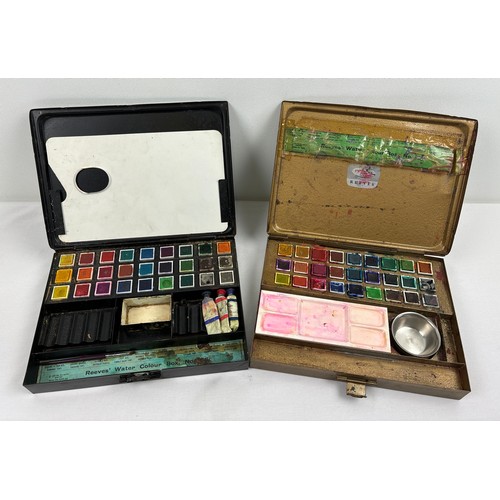 1392 - 2 vintage mid century Reeves' water colour boxes, in tin cases with hinged lids. Water colour box No... 