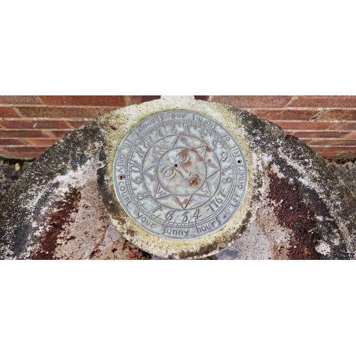 1424 - A large concrete garden bird bath with sundial (upright missing), raised on a turned pedestal with s... 