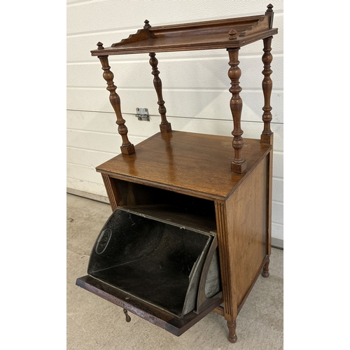 1435 - An Edwardian oak purdonium coal scuttle fireside cabinet with carved floral design to door. Pull-dow... 