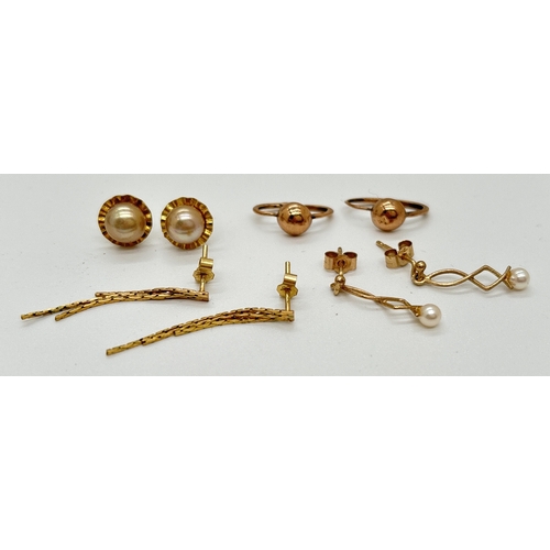 1094 - 4 pairs of 9ct gold earrings. To include a pair of faux pearl studs, a pair of rose gold hoop style ... 