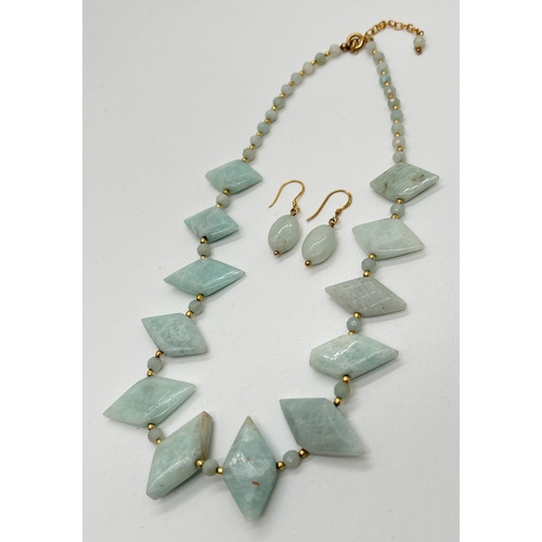 1107 - A round and diamond shaped amazonite bead necklace with matching oval drop earrings. Both with silve... 