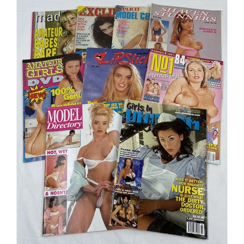 37 - 9 assorted adult erotic magazines to include Paul Raymond's Model Directory, Girls in Uniform, Lipst... 