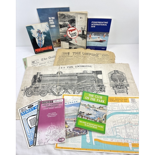 107 - A collection of assorted vintage ephemera to include 4-6-0 type locomotive linen backed technical di... 